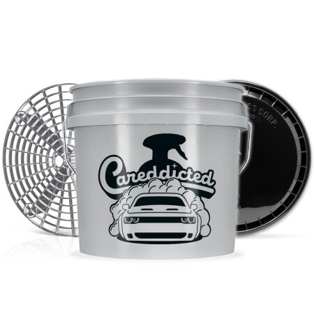 CAREddicted 3.5 Gallonen Wash Bucket grey made by GritGuard inkl. Snappy Grip montiert schwarz + GritGuard Schmutzeinsatz + Klickdeckel
