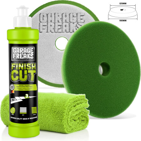 Garage Freaks - Politurset Finish Cut Hochglanzpolitur 250ml + Finish Cut Foam Pad 150mm + Mikrofasertuch 550GSM