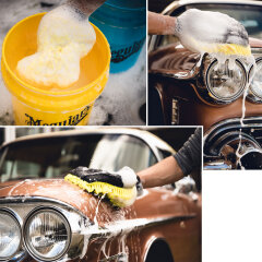 Auto Waschset - 2 Meguiars Wascheimer 5 GAL mit Detail Guardz Dirt Lock + Wash & Wax Shampoo 743ml + Quik Wax 450ml + Hot Rims Wheel Cleaner 710ml + Mikrofaser Zubehör